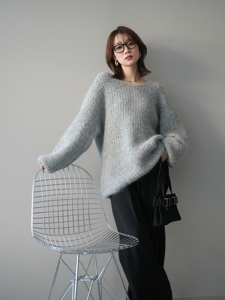 [予約]ウールタッチラメミックスヤーンVネックニットプルオーバー/lightgray