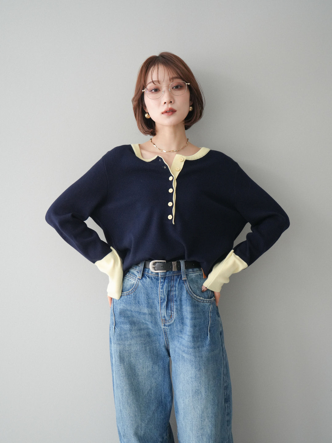 [予約]ヘンリーネック配色ニットソー/navy