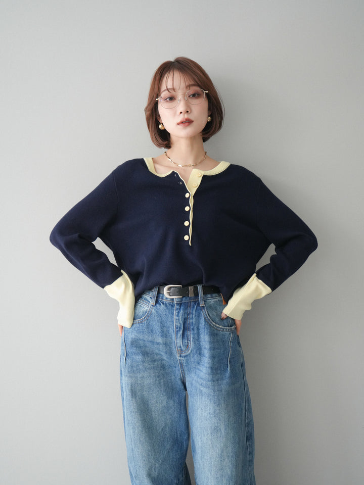 [予約]ヘンリーネック配色ニットソー/navy