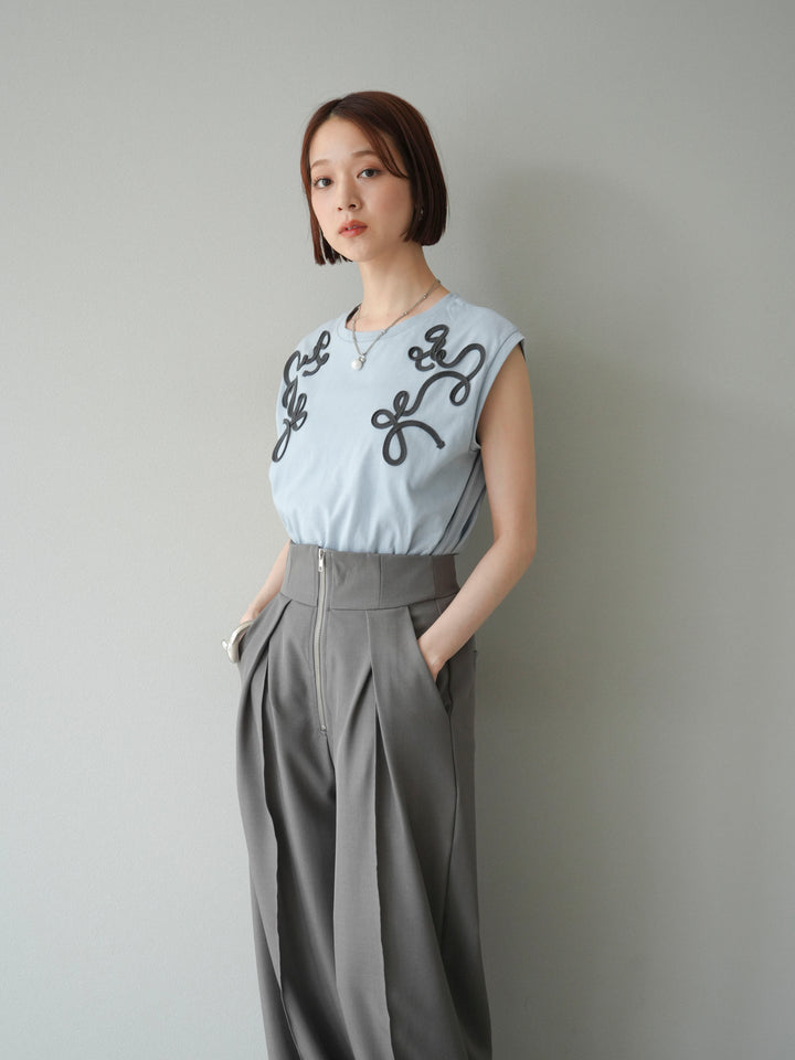 [SET]コード刺繍フレンチスリーブTシャツ+ジップタックワイドパンツ(2set)