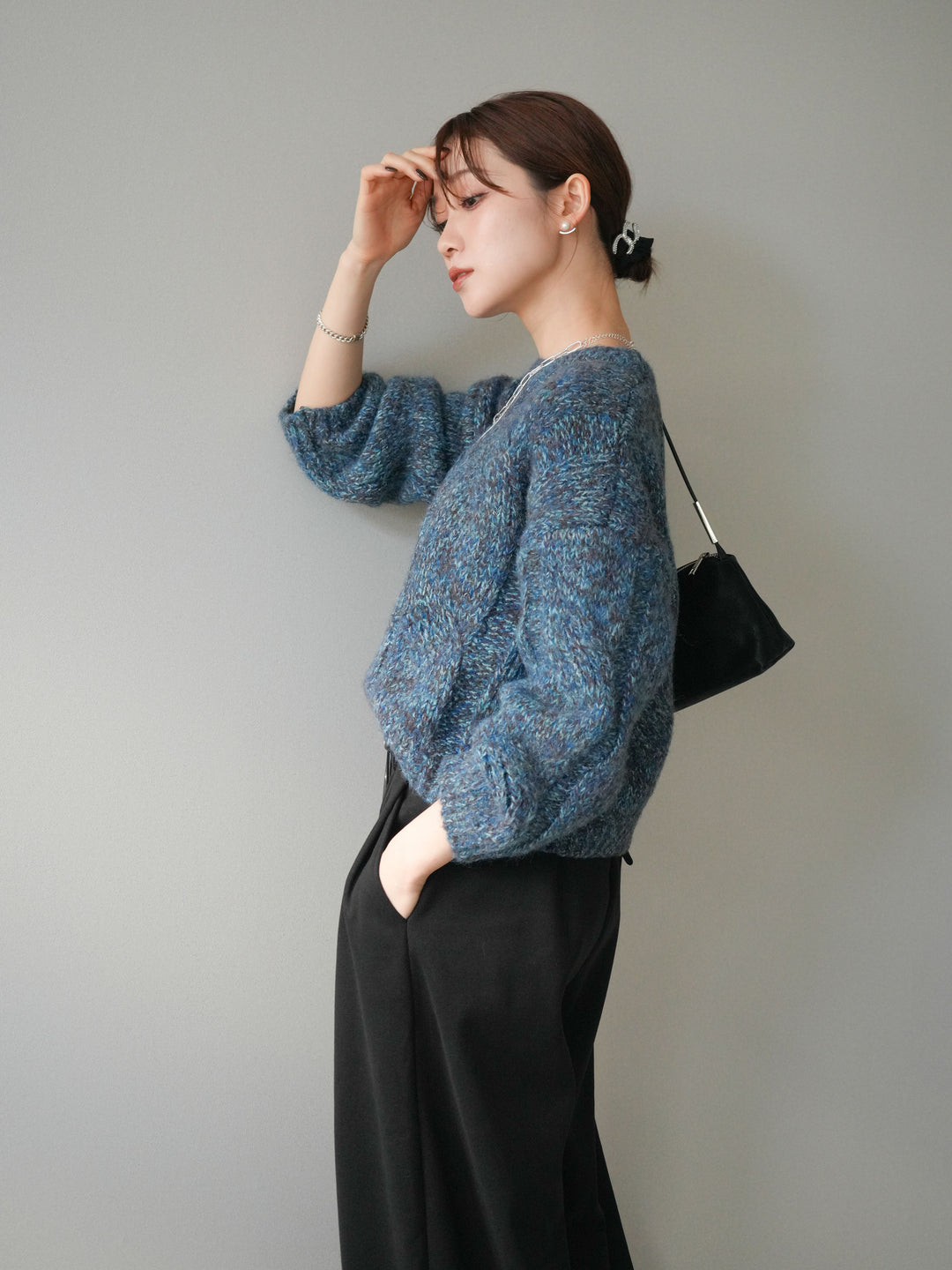 [予約]ワイドケーブルミックスニットプルオーバー/blue