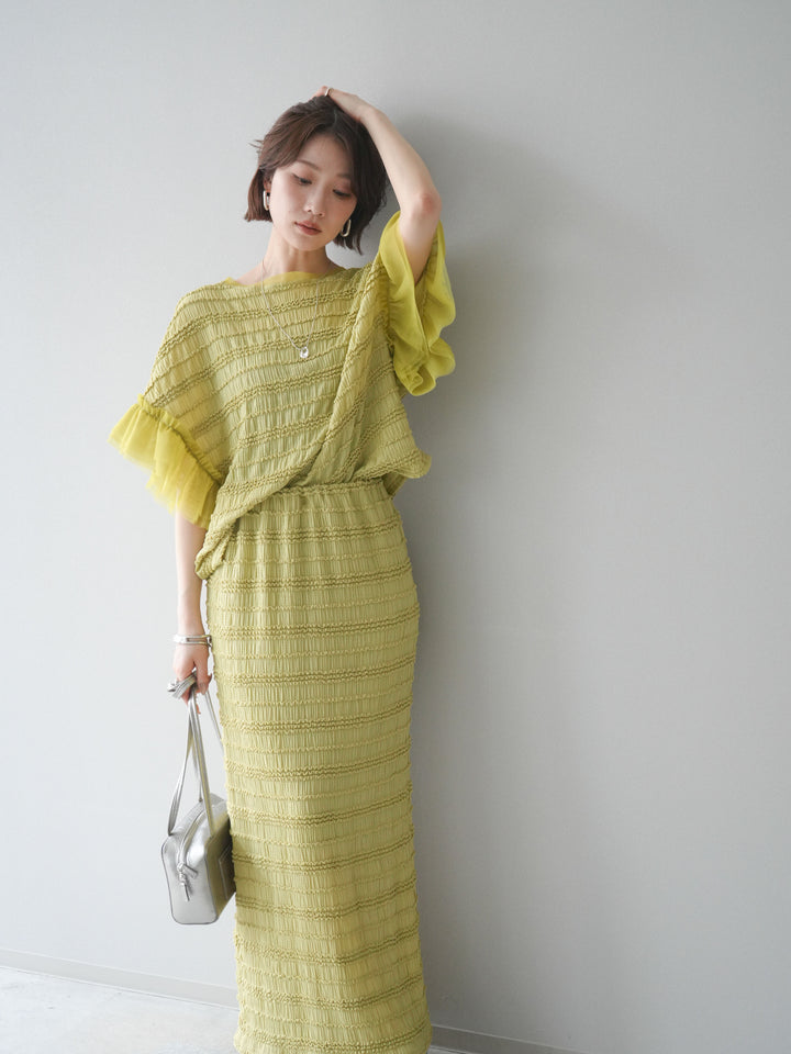 [SET]チュール袖リップルトップス+リップルIラインスカート(2set)