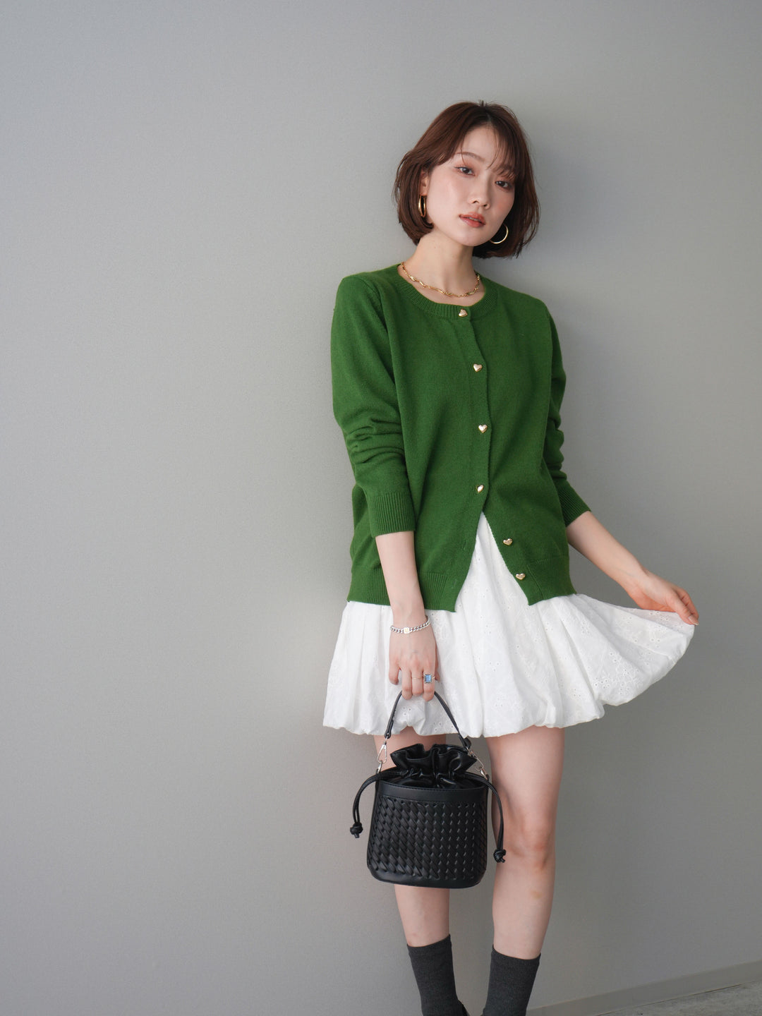 [SET]ハートボタンニットカーディガン+コットンライクレースバルーンミニスカート(2set)
