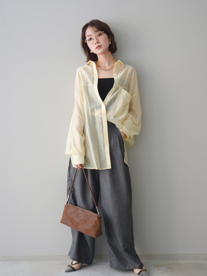 [予約]リネンライクタックワイドパンツ/charcoal