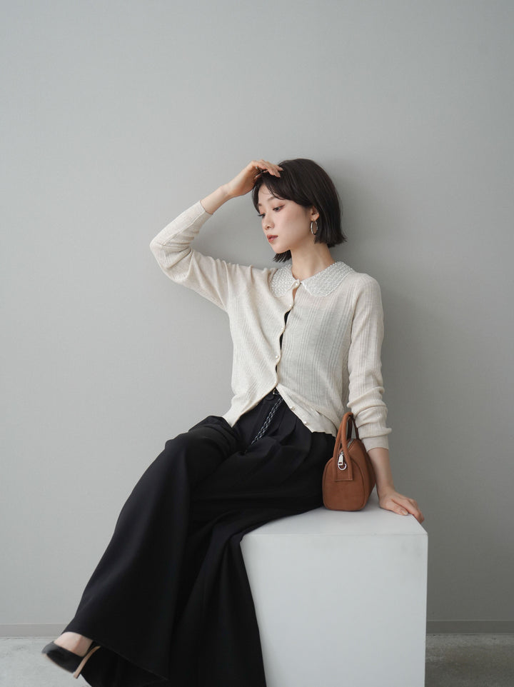 [SET]ビジュー襟パールボタンニットカーディガン+編み込みベルト付タックワイドパンツ(2set)