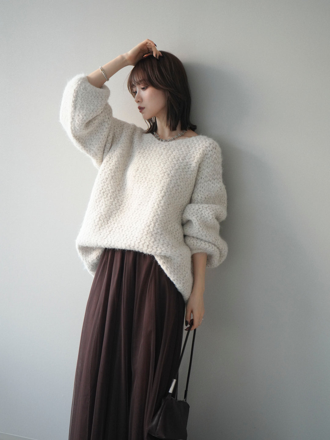 [SET]ウールタッチラメミックスヤーンVネックニットプルオーバー+チュールボリュームスカート(2set)