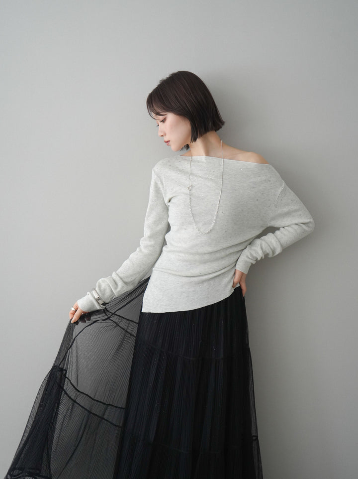 [予約]ラインストーンアシンメトリーニットトップス/gray