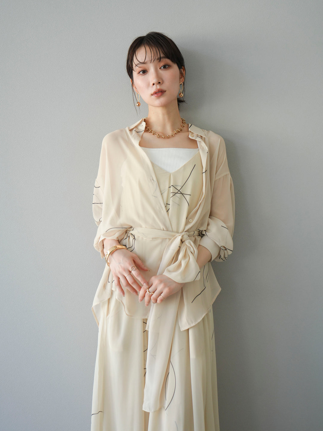 [SET]ペンタッチシフォンキャミワンピース+ペンタッチシフォンシャツ(2set)