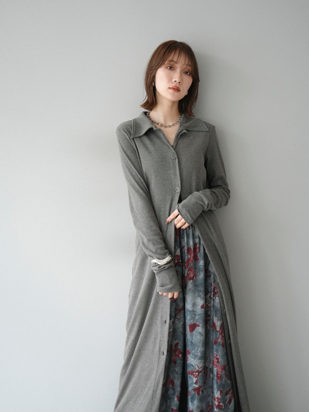 [SET]襟付きカットリブボタンワンピース+フラワープリントチュールレイヤードパンツ(2set)