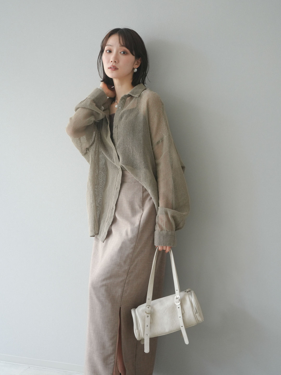 [予約]コットンラメメッシュオーバーシャツ/ベージュ
