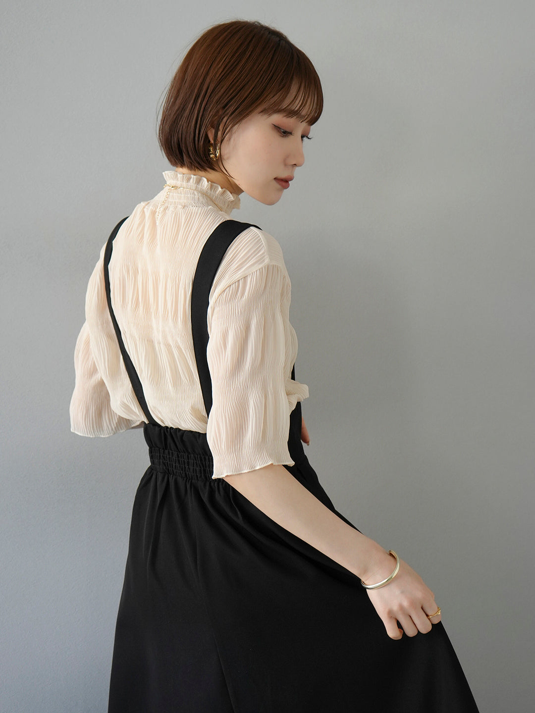 [SET] Shirring chiffon half sleeve blouse + 2WAY flare jumper skirt (2set)