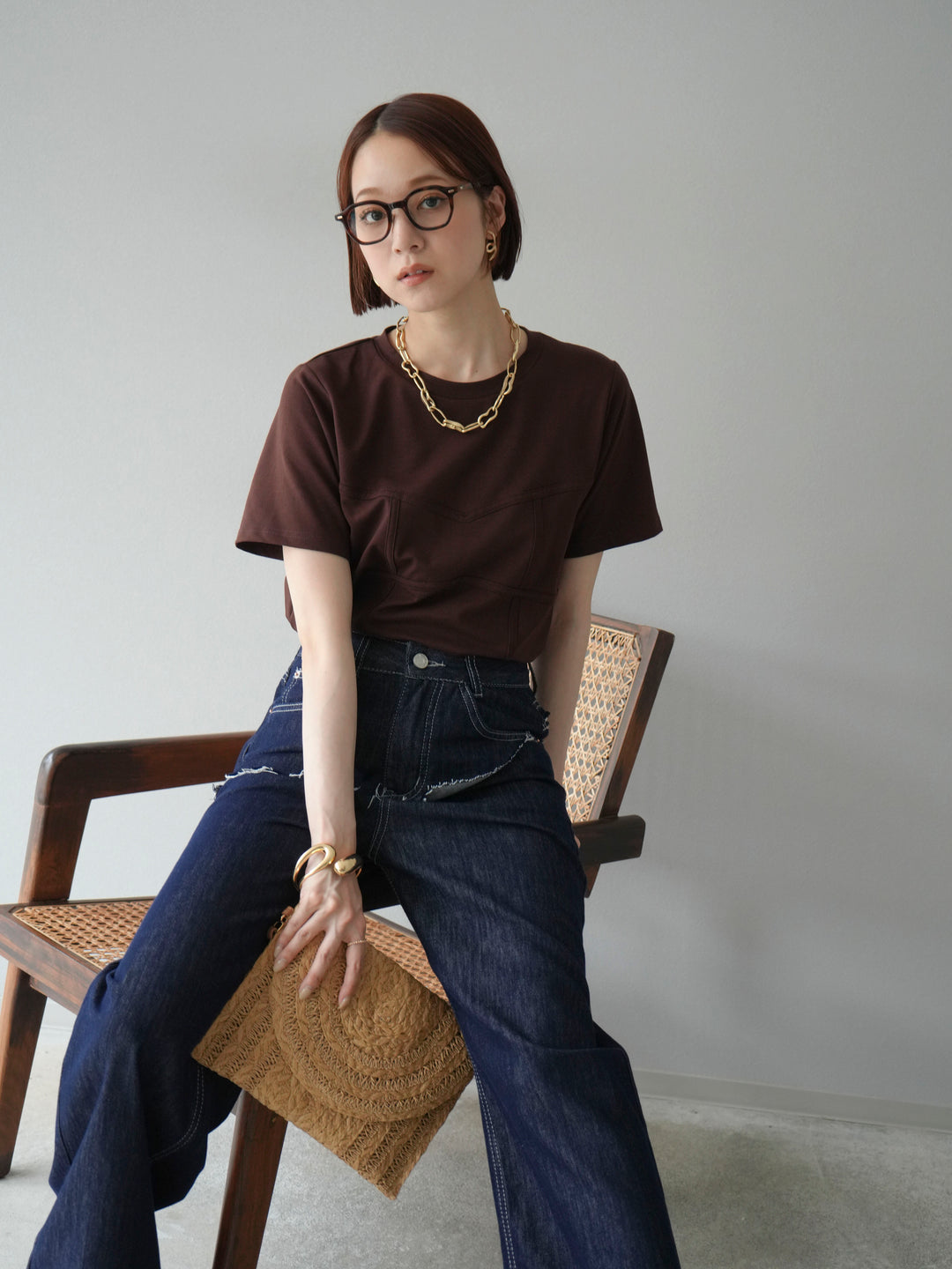 [SET]ビスチェデザインTシャツ+ヒップデザインデニムパンツ(2set)