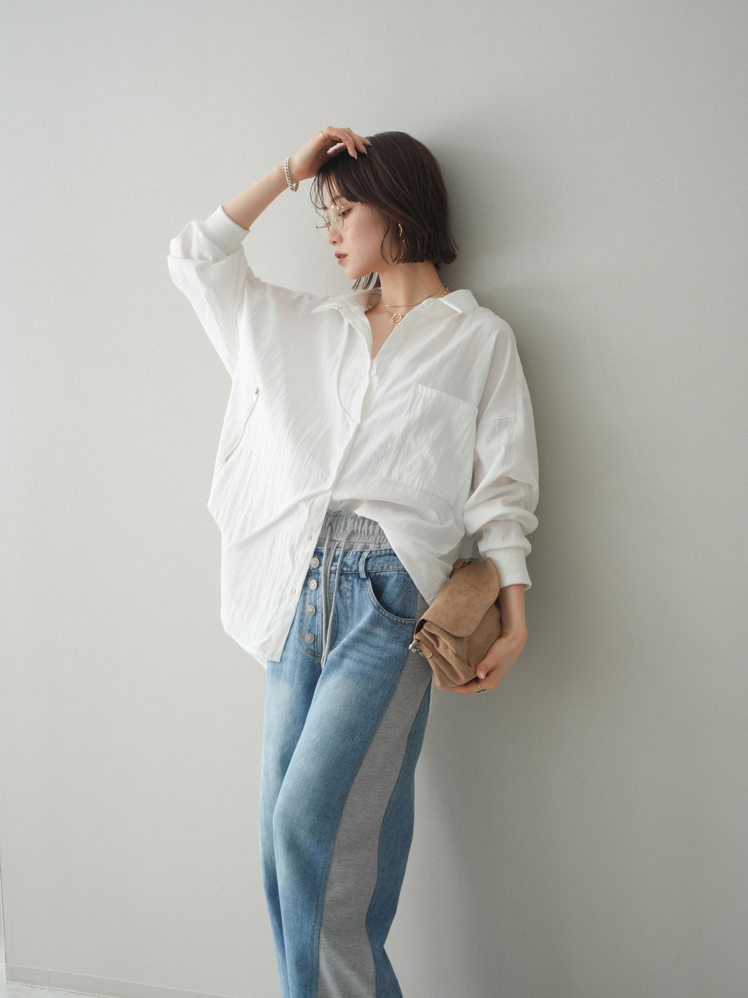[予約]リブカフスアシンメトリーZIPデザインオーバーシャツ/offwhite