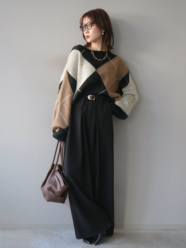 [SET]配色ステッチアーガイル柄ニットプルオーバー+ベルトループデザインワイドパンツ(2set)