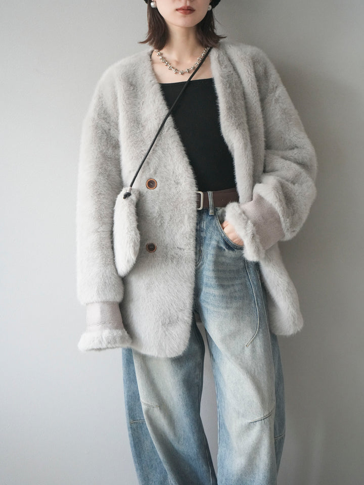 [SET]バッグ付エコファーノーカラーコート+ベルト付カーブデニムパンツ(2set)