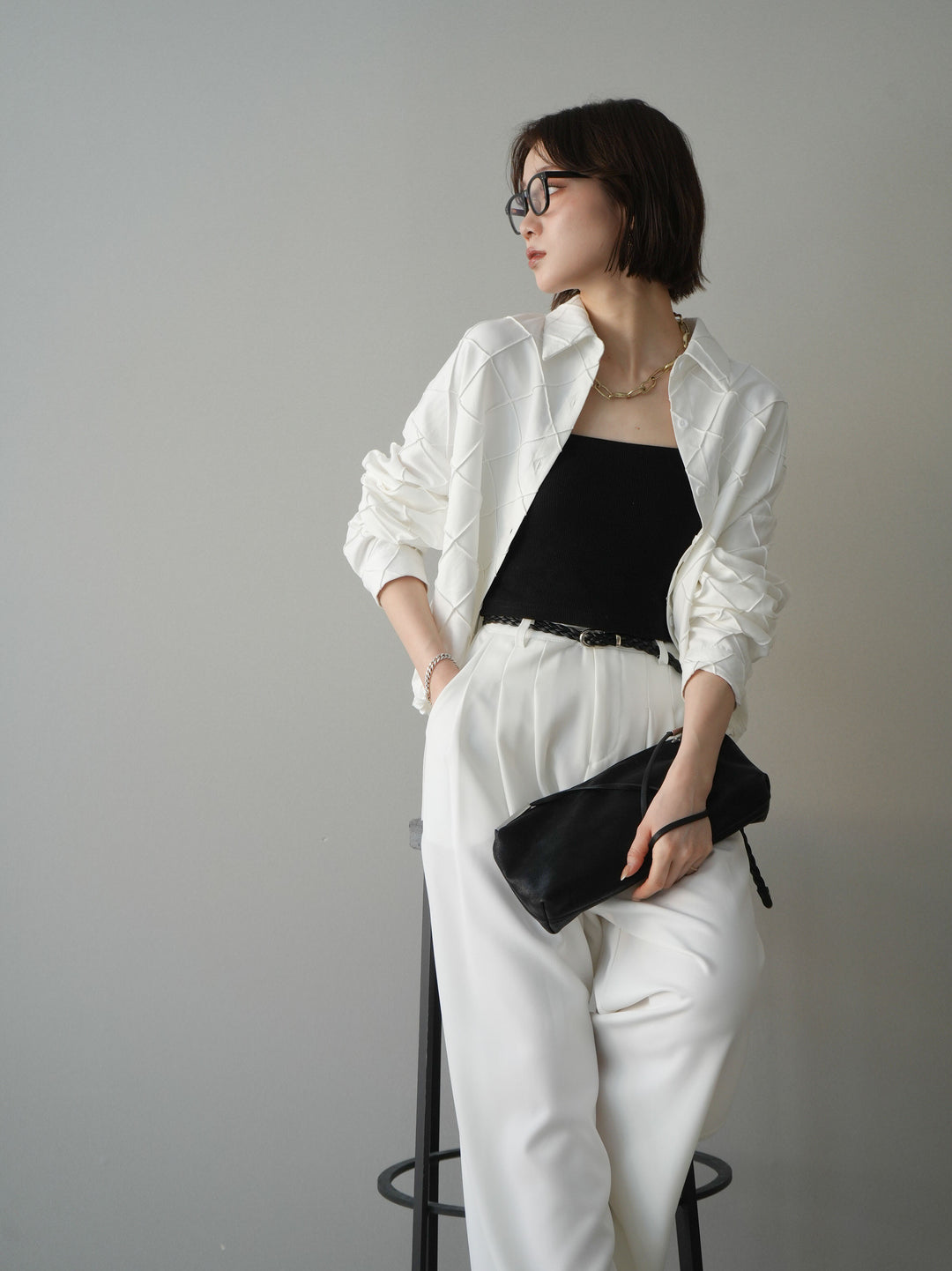 [SET]パイピングクロスデザインブラウス+編み込みベルト付タックワイドパンツ(2set)