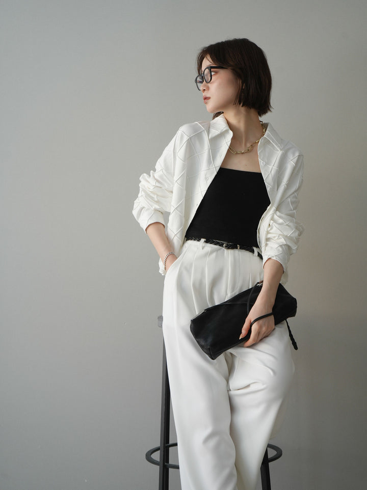 [SET]パイピングクロスデザインブラウス+編み込みベルト付タックワイドパンツ(2set)