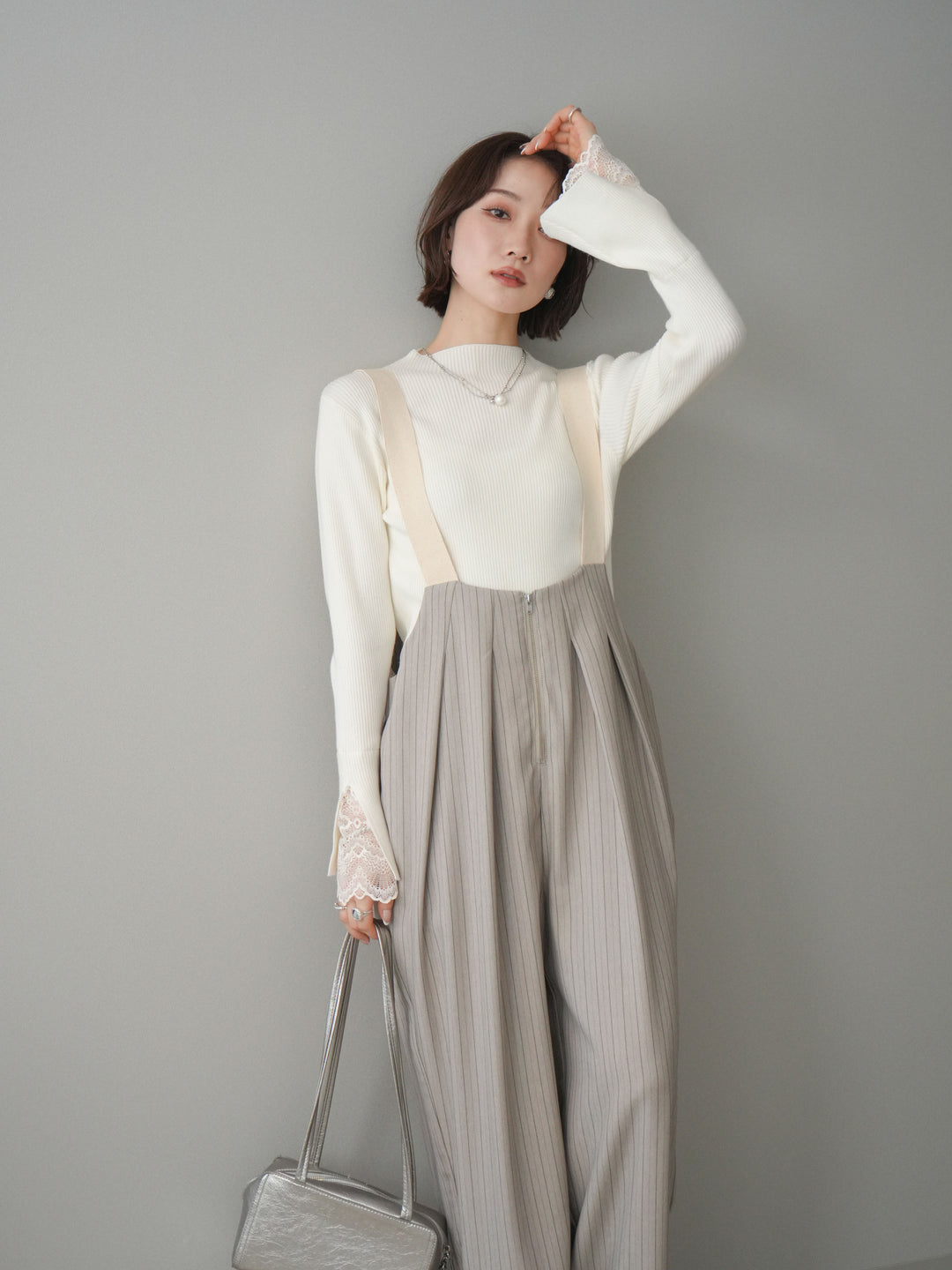 [SET]袖スカラップレースオフネックニットトップス+袖スカラップレースオフネックニットトップス(2set)