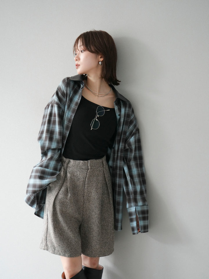 [SET]レザー襟オンブレチェックオーバーシャツ +ツイードハーフパンツ(2set)
