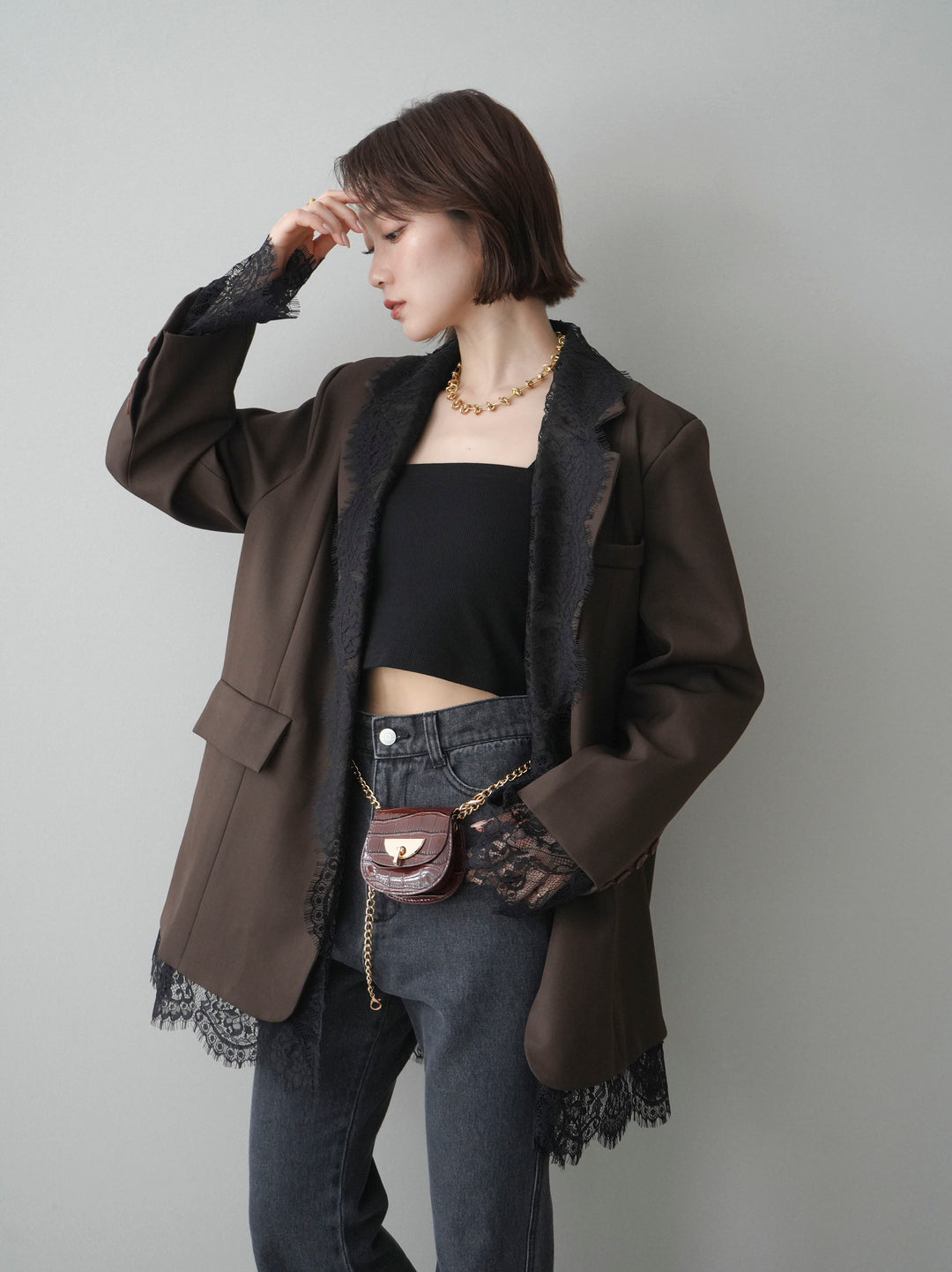 [予約]レースドッキングオーバージャケット/brown