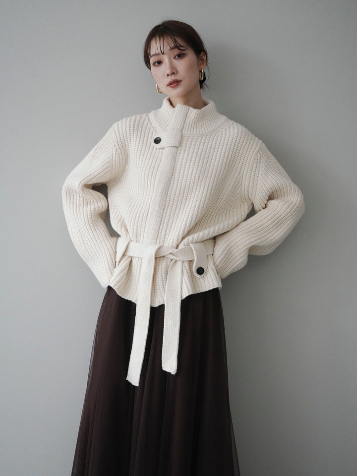 [予約]畦編みボトルネックZIPニットカーディガン/white