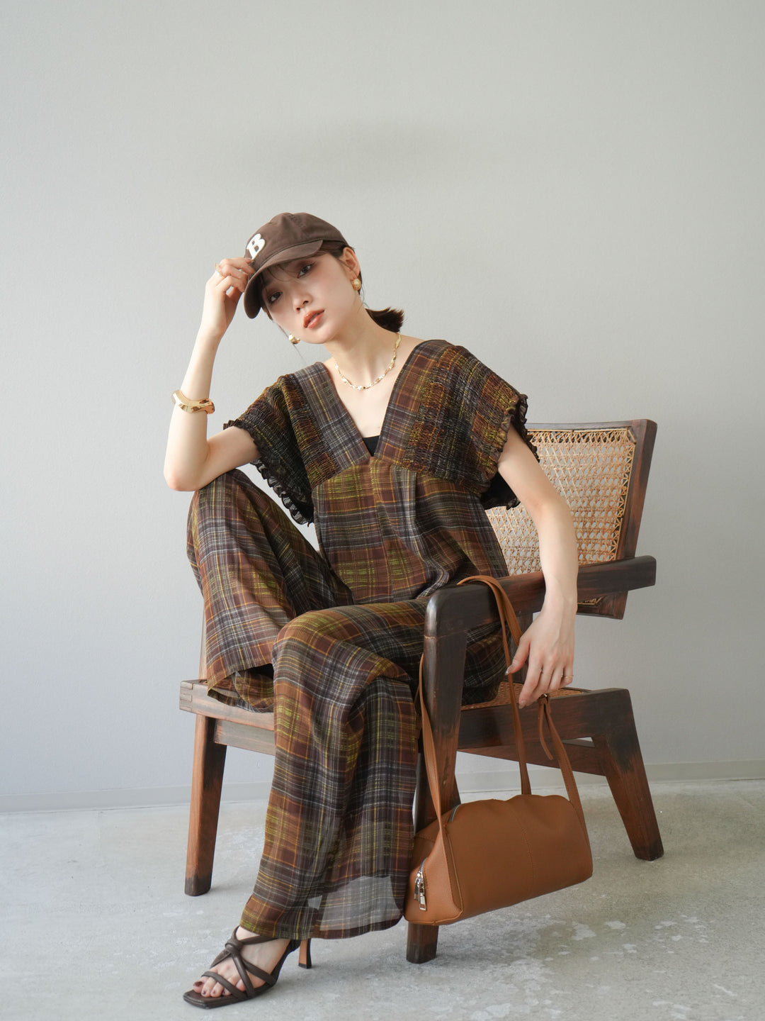 [予約]シアーチェックシャーリングサロペット/ブラウン