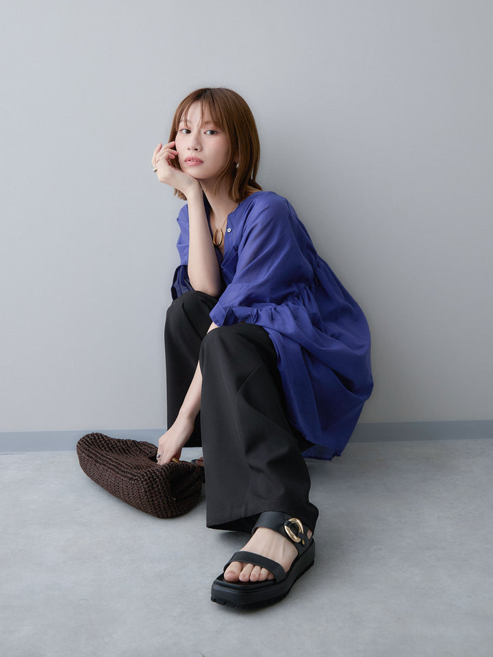 [SET]コットンボイルバックギャザーシャツ+カップ付きバッククロスキャミソール+ベルトループデザインワイドパンツ(3set)