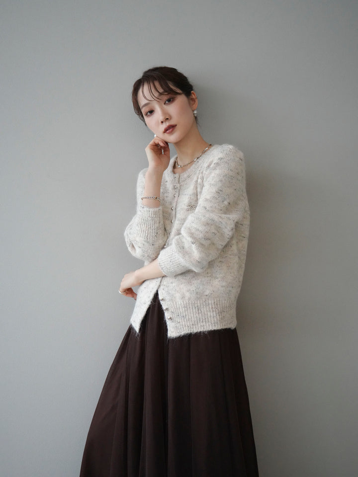 [予約]ブローチ付silverボタンミックスニットカーディガン/beige