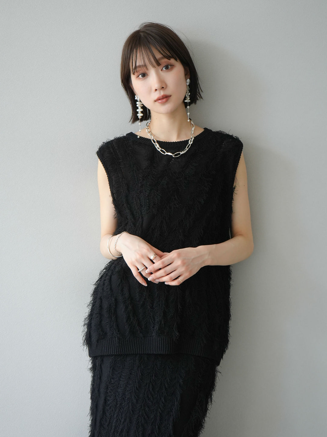 [Pre-order] Mixed fringe knit skirt/black