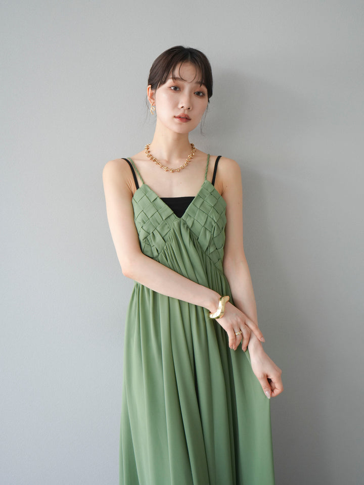 [SET]編み込みデザインシフォンワンピース+カップ付テレコリブベアキャミソール(2set)