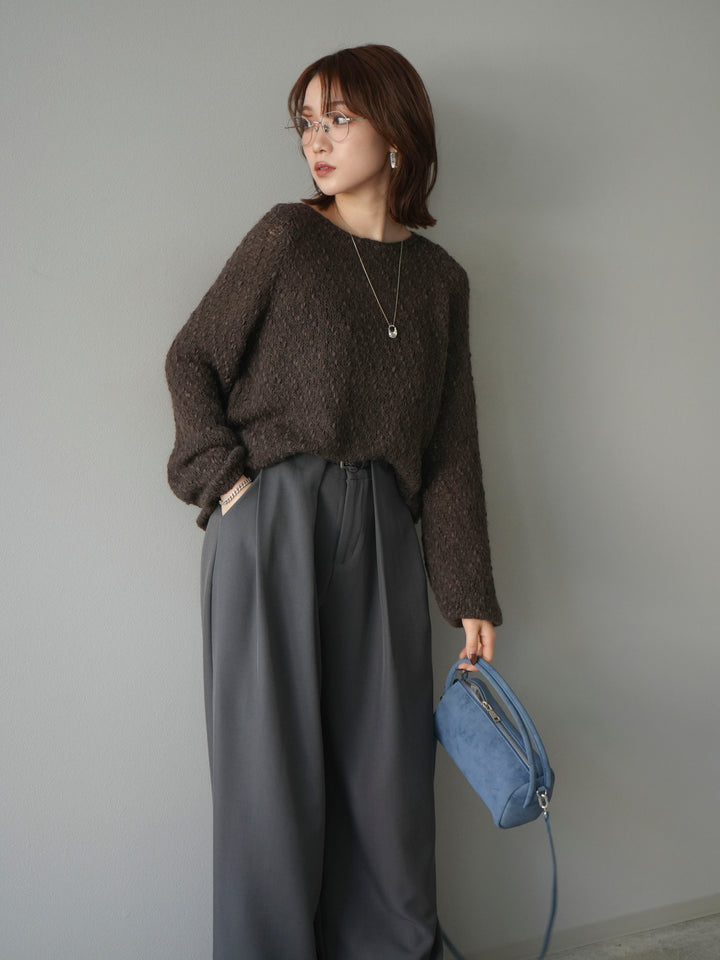 【着回しセット】[SET]求心柄クロップドニットカーディガン+異素材ミックスヤーンニットプルオーバー+ベルトループデザインワイドパンツ(3set)
