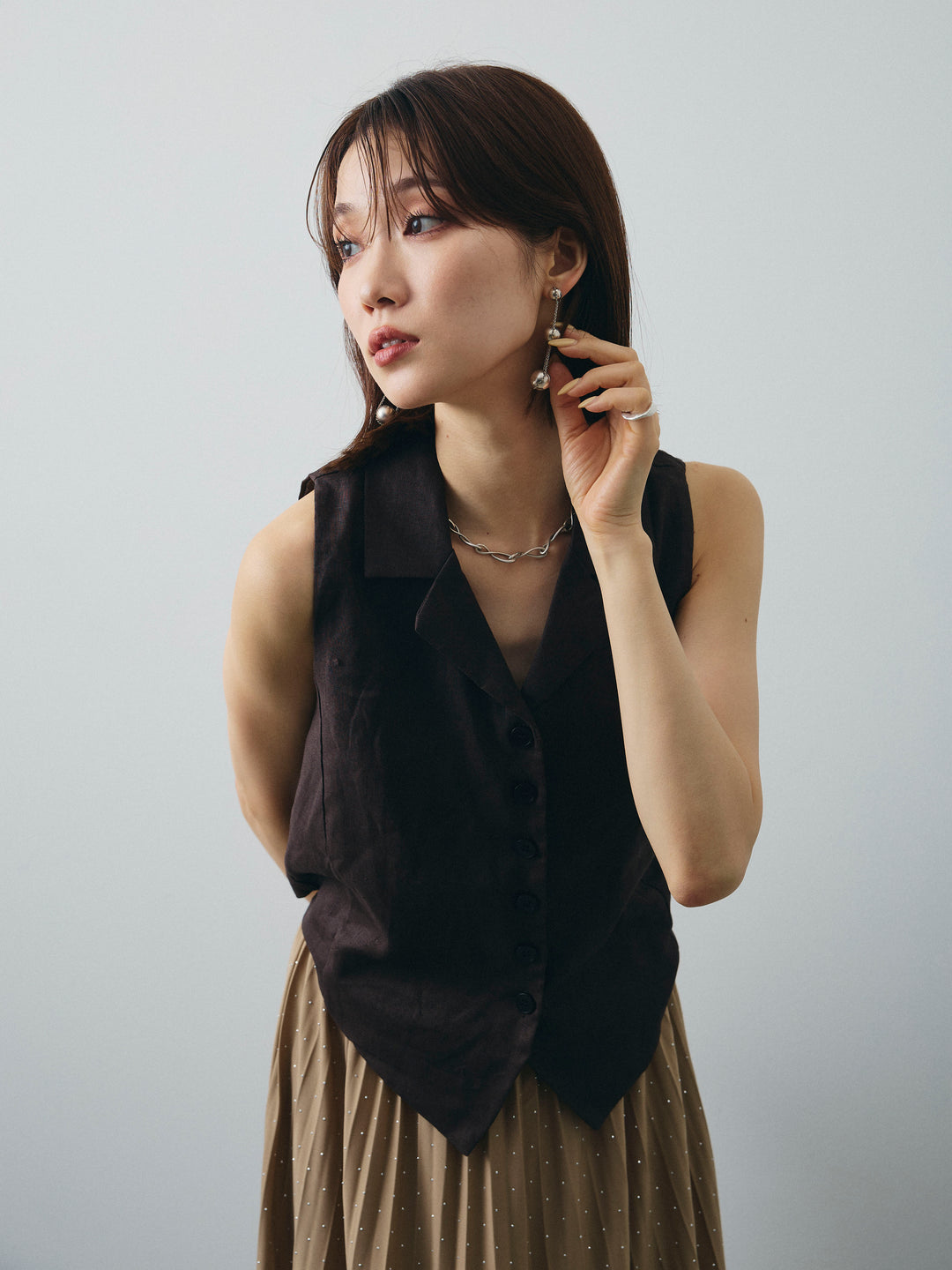 [予約]リネンライクテーラードジレ/ブラウン