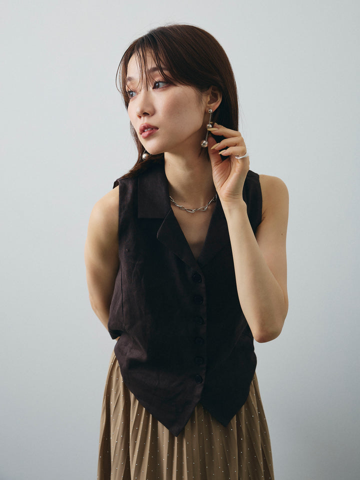 [予約]リネンライクテーラードジレ/ブラウン