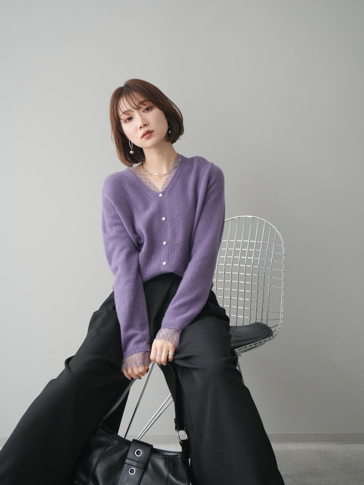 [SET]ドットチュールレイヤードボタンニットトップス+テープベルトタックバギーパンツ(2set)