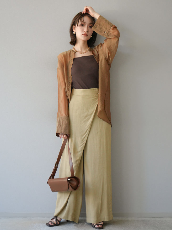 [予約]シャイニーシアーバンドカラーシャツ/カーキブラウン