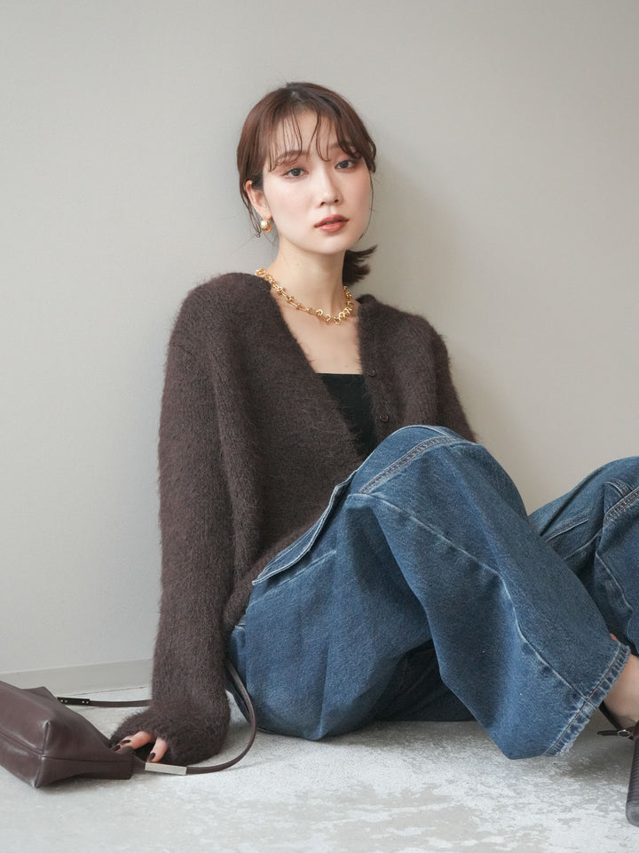 [予約]キーネックシャギーニットカーディガン/brown