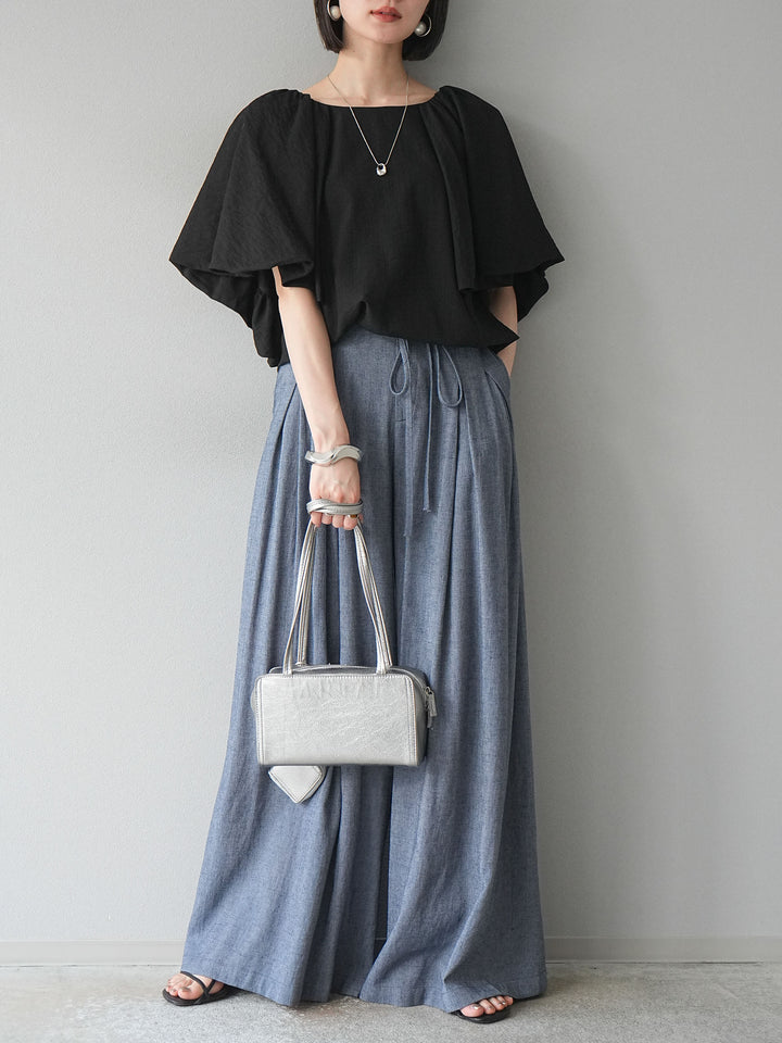 【預購】仿亞麻雙褶設計寬褲/藏青色