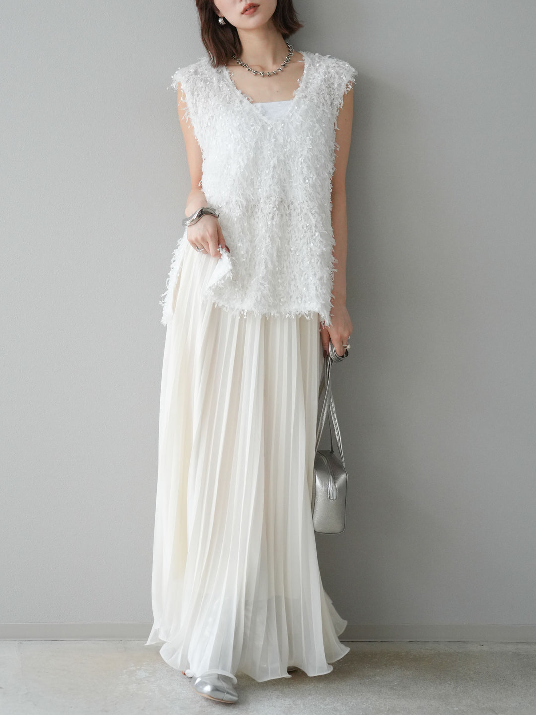 [予約]シフォンプリーツパイピングスカート/アイボリー