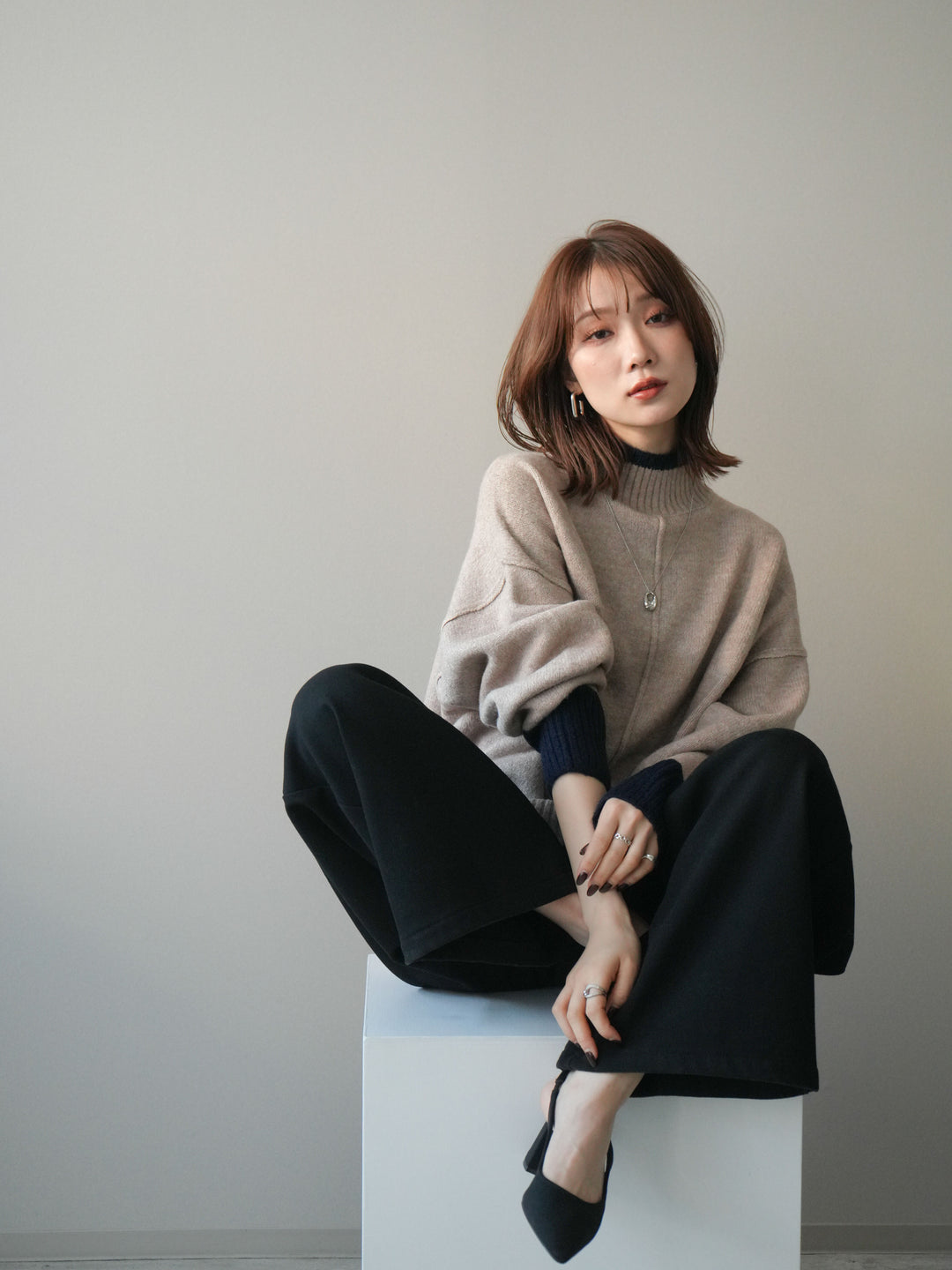 [SET]配色ハイネックニットプルオーバー+選べるアクセセット(2set)