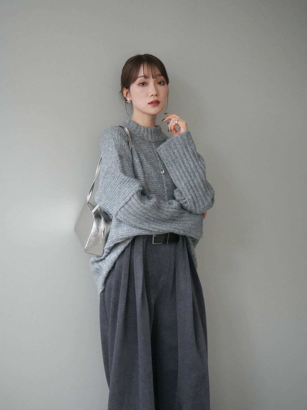 [SET]編み地切替ボトルネックニットプルオーバー+ベルトデザインループコールテンワイドパンツ(ベルト付き)(2set)