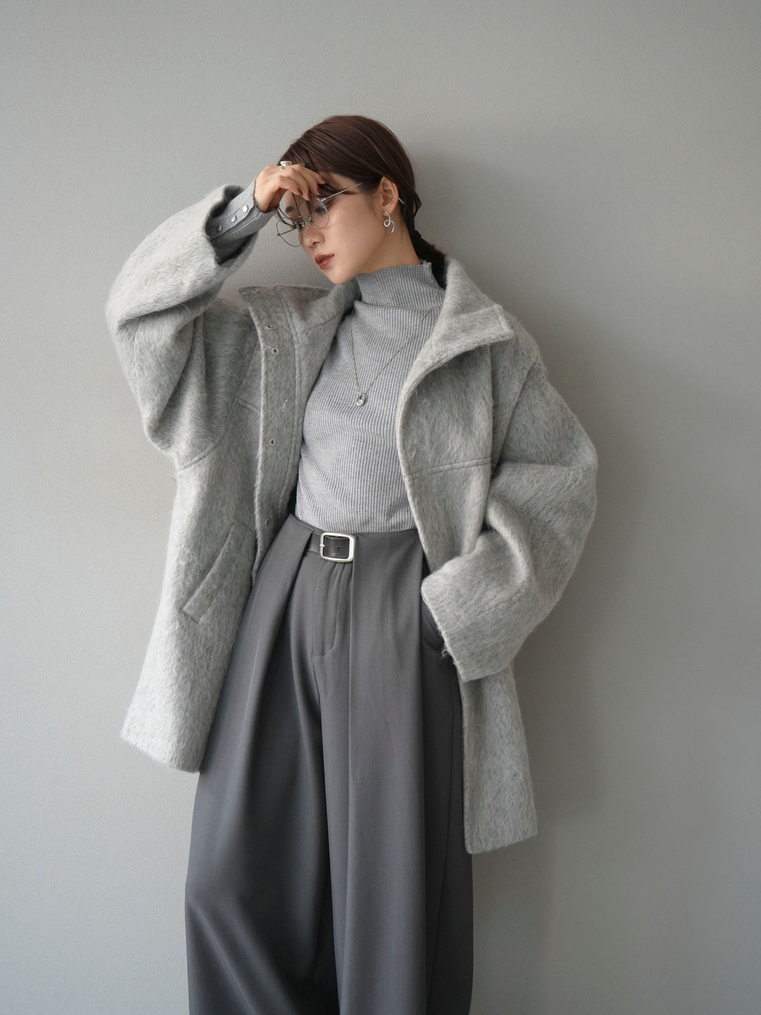 [予約]スタンドカラーシャギーコート/mokugray