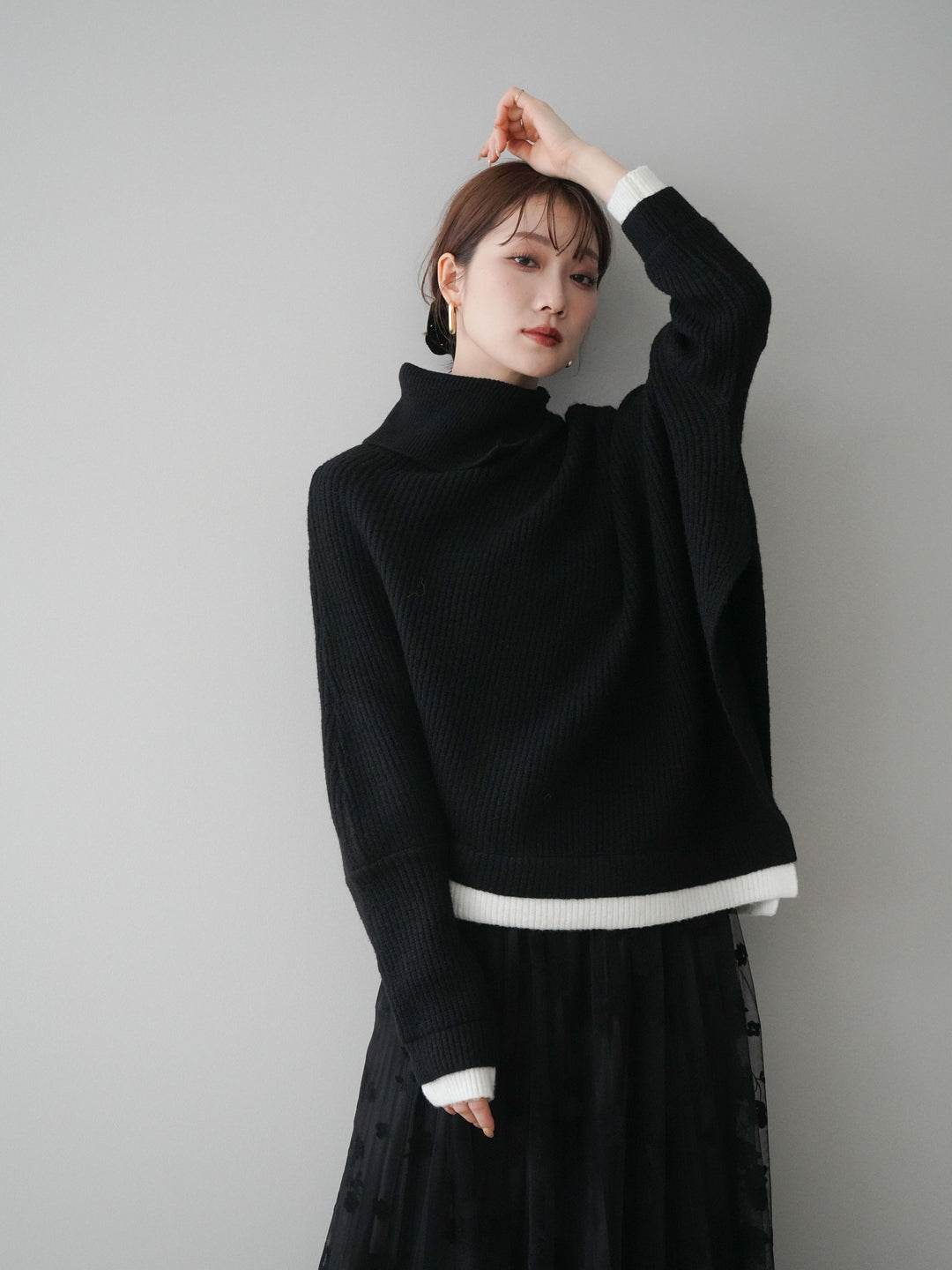 [予約]配色アシンメトリードルマンニットプルオーバー/black