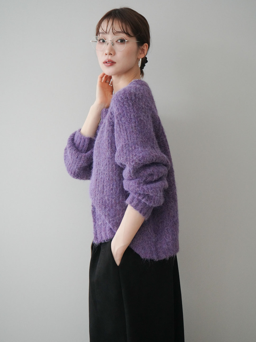 [予約]MIXヤーンモヘアタッチZIPニットカーディガン/purple
