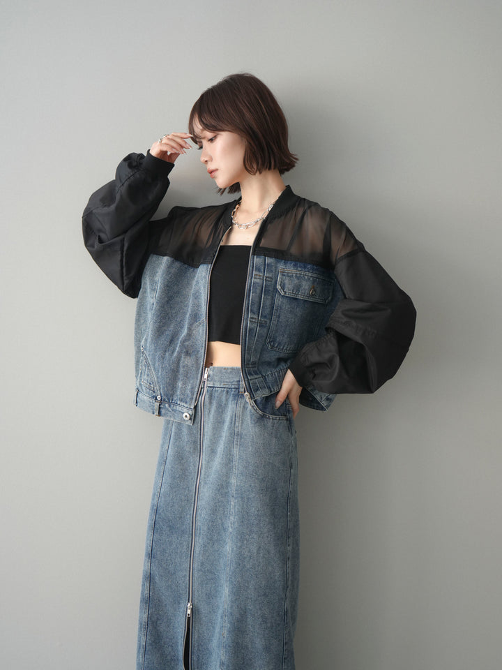 [SET]異素材デニムブルゾン+フロントジップデニムスカート(2set)