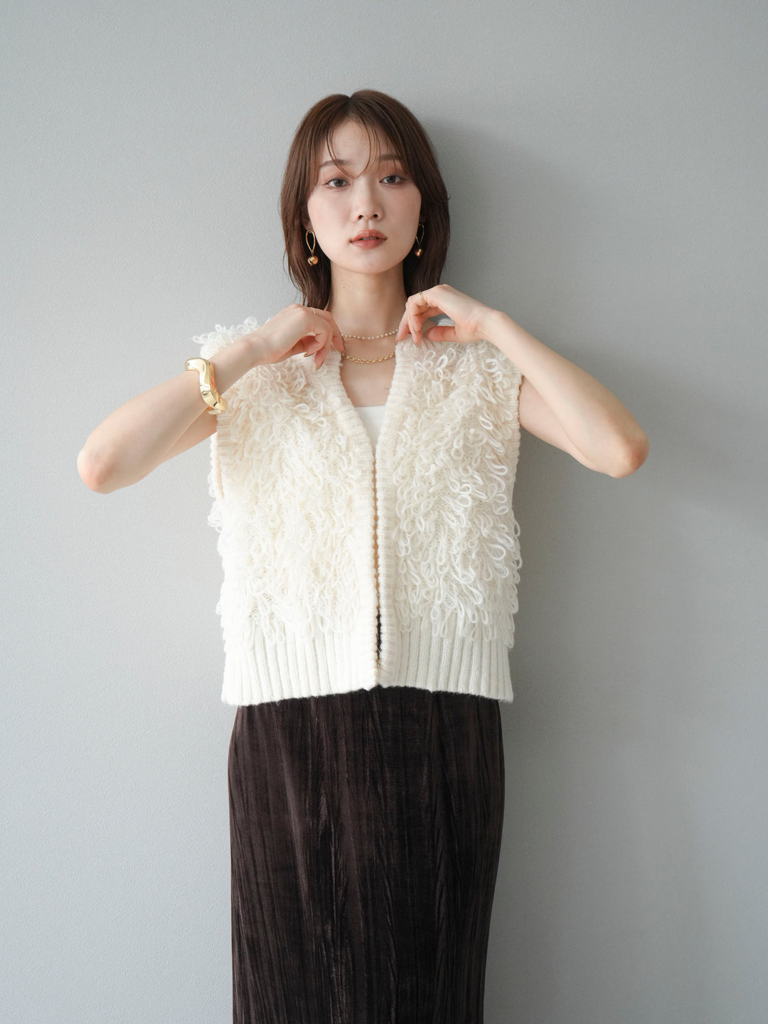 [SET]レザー襟オンブレチェックオーバーシャツ +ループデザインホックベスト +クラッシュベロアナロースカート(3set)