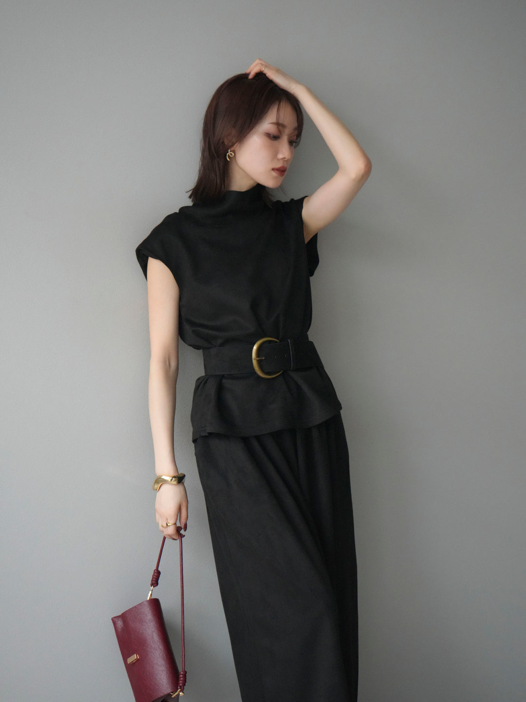 [SET]ベルト付スエードハイネックプルオーバー＆ワイドパンツSET UP