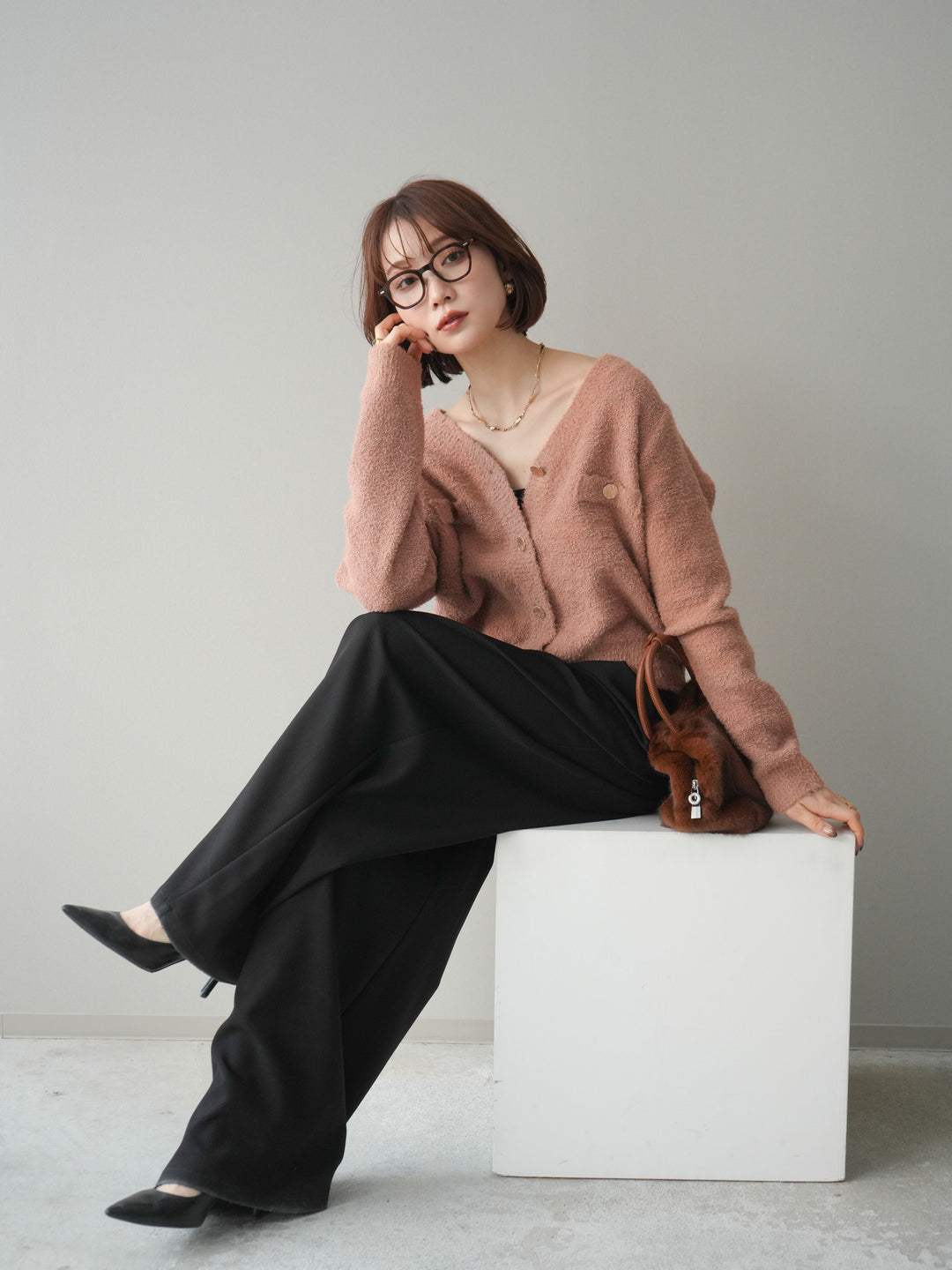 [SET]ゴールドボタンモールニットカーディガン+ベルトループデザインワイドパンツ(2set)