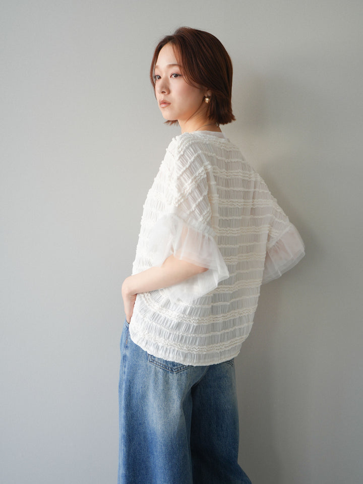 [予約]チュール袖リップルトップス/white