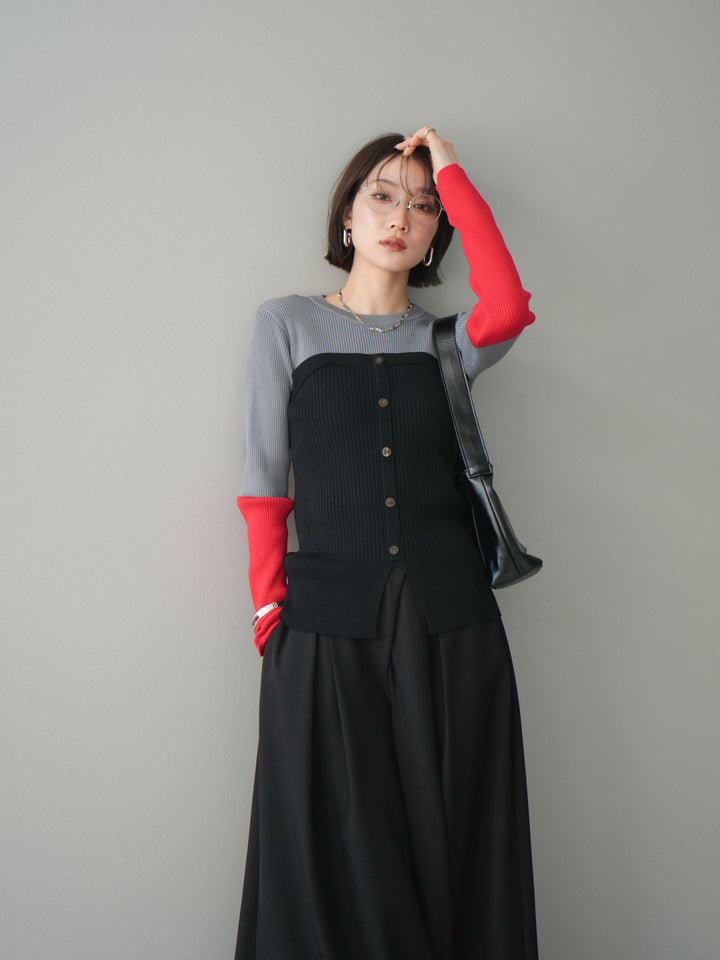 [SET]配色ビスチェドッキングリブニットトップス+選べるアクセセット(2set)