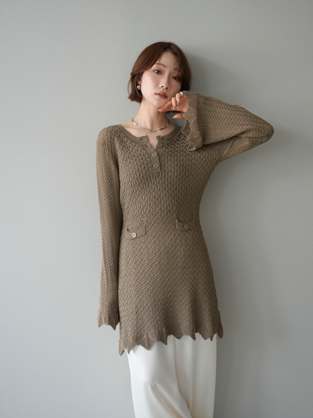 [予約]ヘンリーネックニットチュニック/khaki
